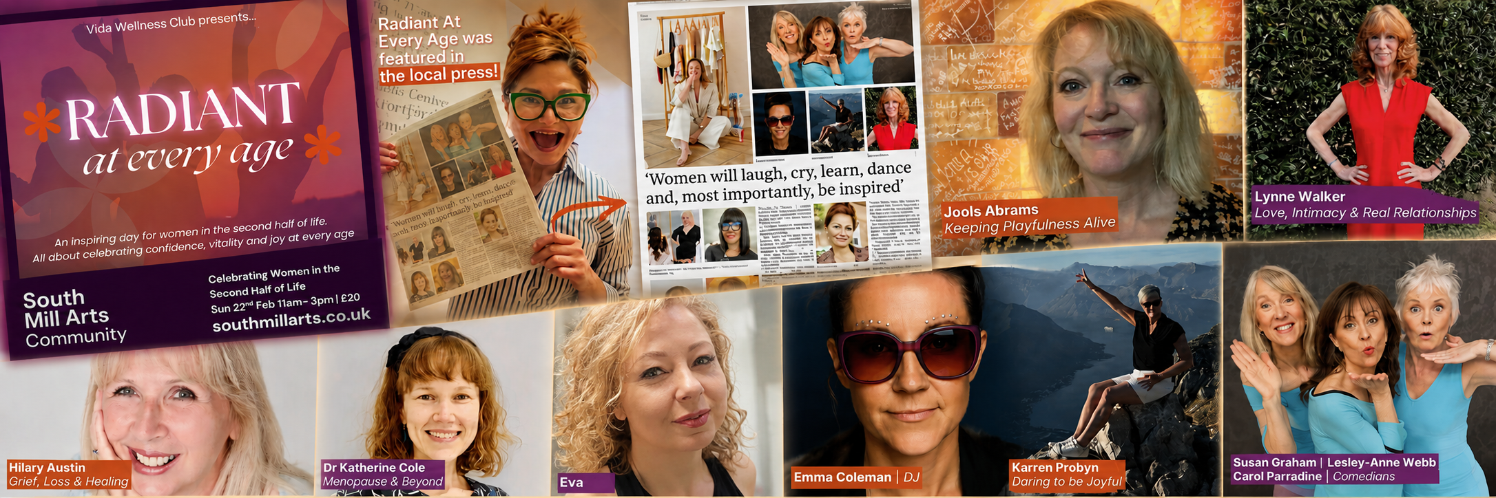 Collage of women connecting, laughing and celebrating together at Radiant At Every Age